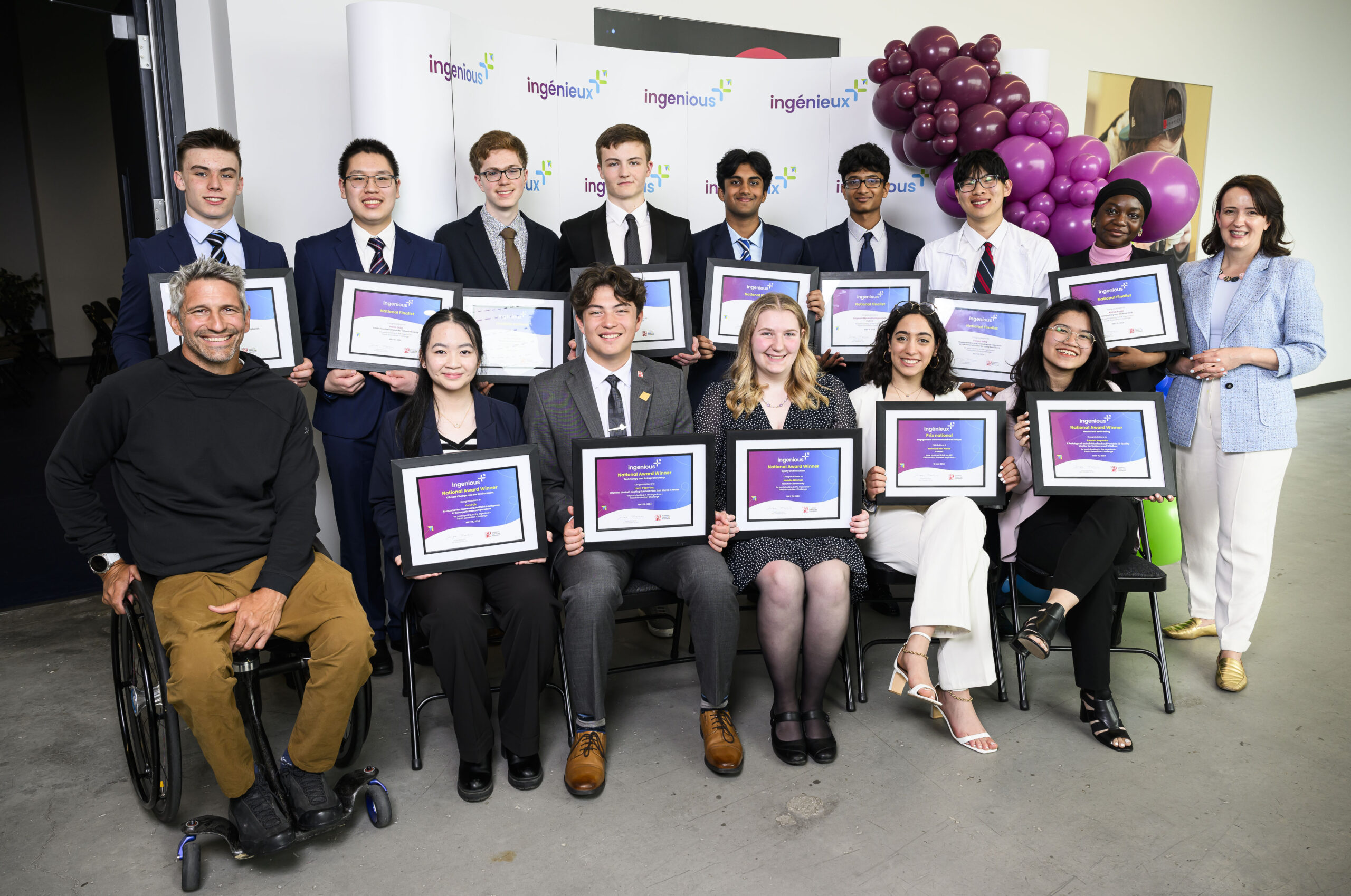 Ingenious+ National Winners and Finalists posing with their certificates alongside Christian Bagg and Teresa Marques